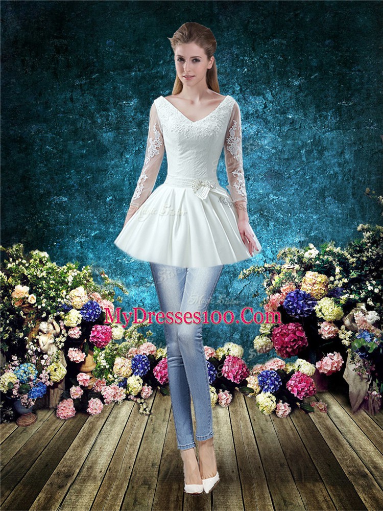 3 4 Length Sleeve Chapel Train Lace and Belt Lace Up Wedding Gowns