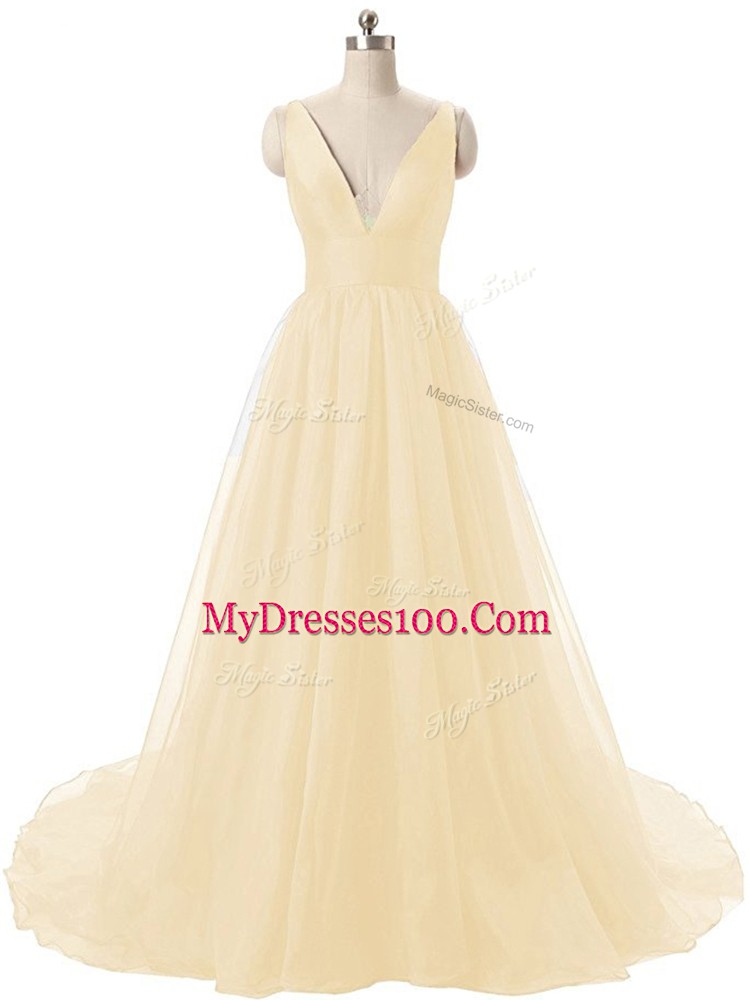 V-neck Sleeveless Dress for Prom Brush Train Ruching Light Yellow Organza