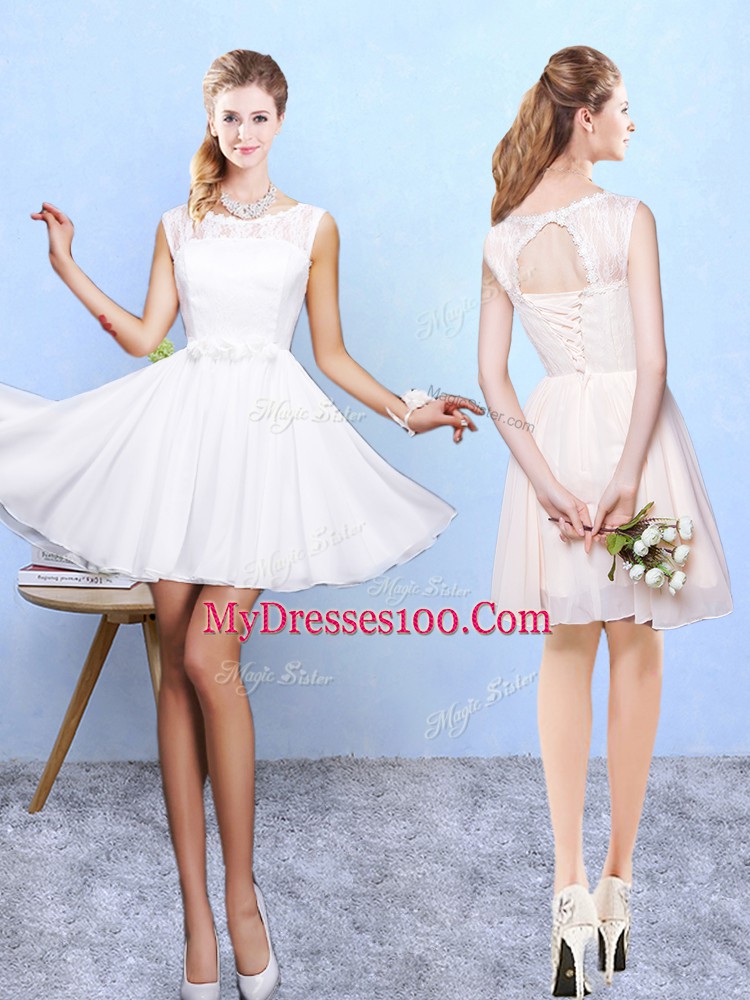 Perfect Scoop Sleeveless Lace Up Wedding Guest Dresses White Chiffon