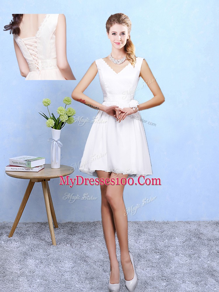 Perfect Scoop Sleeveless Lace Up Wedding Guest Dresses White Chiffon