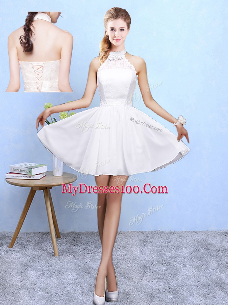 Perfect Scoop Sleeveless Lace Up Wedding Guest Dresses White Chiffon