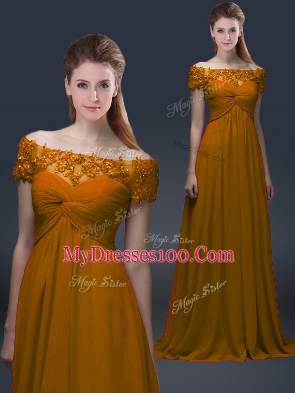 Short Sleeves Lace Up Floor Length Appliques Mother of the Bride Dress