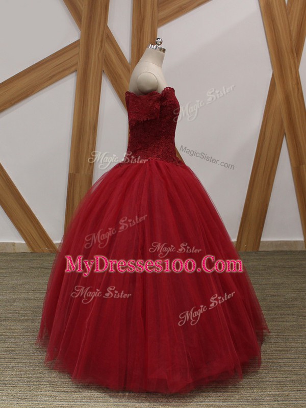 Stunning Sleeveless Floor Length Appliques Lace Up with Wine Red