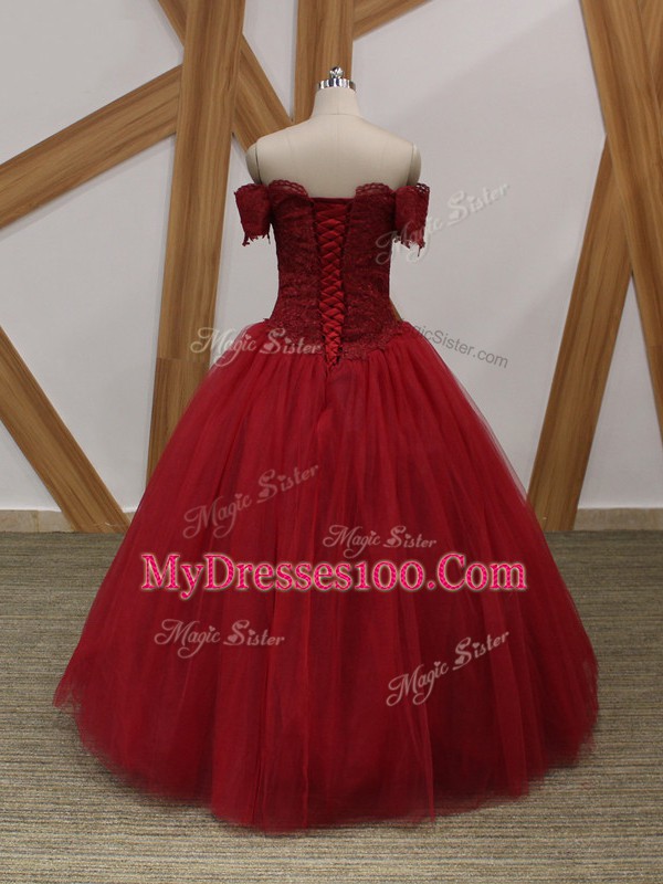 Stunning Sleeveless Floor Length Appliques Lace Up with Wine Red