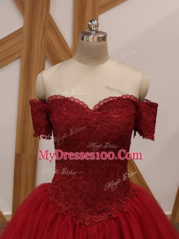 Stunning Sleeveless Floor Length Appliques Lace Up with Wine Red