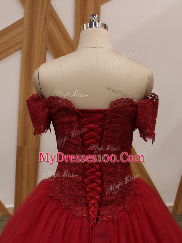 Stunning Sleeveless Floor Length Appliques Lace Up with Wine Red