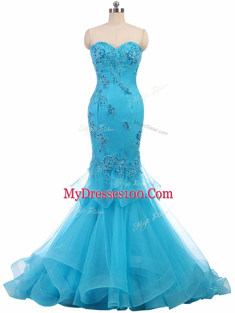 Tulle Sleeveless Prom Party Dress Brush Train and Appliques