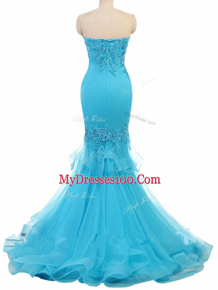 Tulle Sleeveless Prom Party Dress Brush Train and Appliques