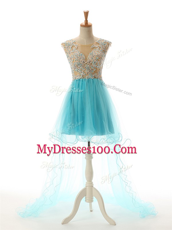 Hot Selling Scoop Sleeveless Evening Dress High Low Beading and Lace and Appliques Aqua Blue Tulle