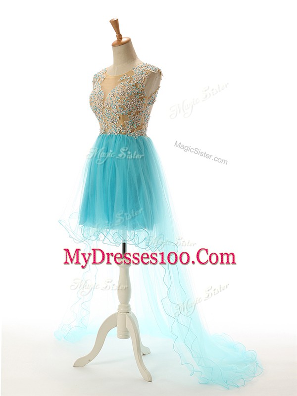 Hot Selling Scoop Sleeveless Evening Dress High Low Beading and Lace and Appliques Aqua Blue Tulle