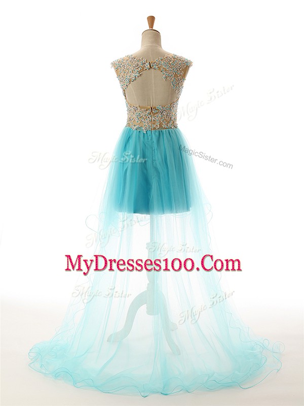 Hot Selling Scoop Sleeveless Evening Dress High Low Beading and Lace and Appliques Aqua Blue Tulle
