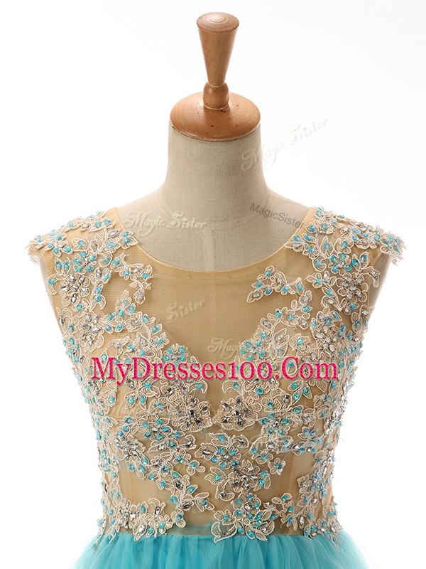 Hot Selling Scoop Sleeveless Evening Dress High Low Beading and Lace and Appliques Aqua Blue Tulle