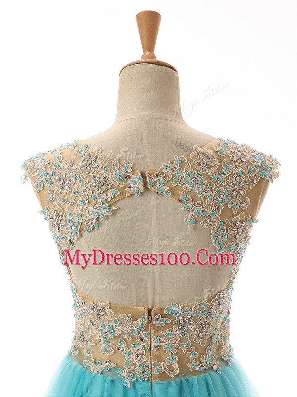 Hot Selling Scoop Sleeveless Evening Dress High Low Beading and Lace and Appliques Aqua Blue Tulle