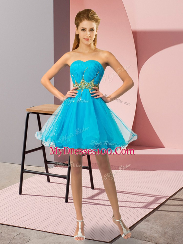 Sleeveless Mini Length Beading and Ruching Lace Up Cocktail Dresses with Baby Blue