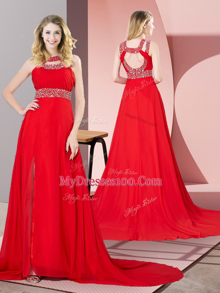 Chic Red Prom and Party and Military Ball with Beading Scoop Sleeveless Brush Train Backless