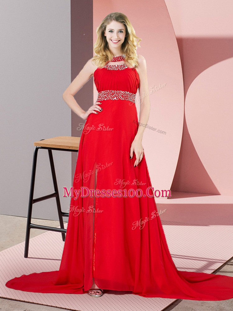 Chic Red Prom and Party and Military Ball with Beading Scoop Sleeveless Brush Train Backless