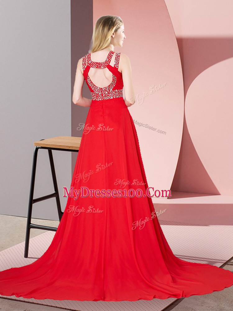 Chic Red Prom and Party and Military Ball with Beading Scoop Sleeveless Brush Train Backless