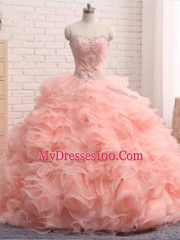 Pink Sweetheart Zipper Beading and Ruffles Quinceanera Gowns Sleeveless