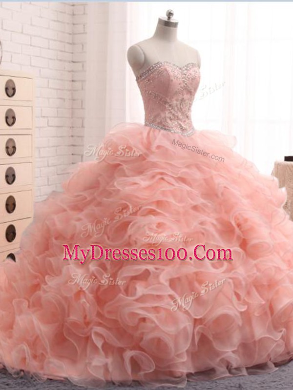 Pink Sweetheart Zipper Beading and Ruffles Quinceanera Gowns Sleeveless