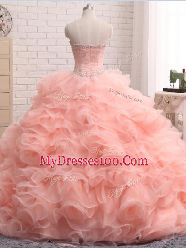 Pink Sweetheart Zipper Beading and Ruffles Quinceanera Gowns Sleeveless