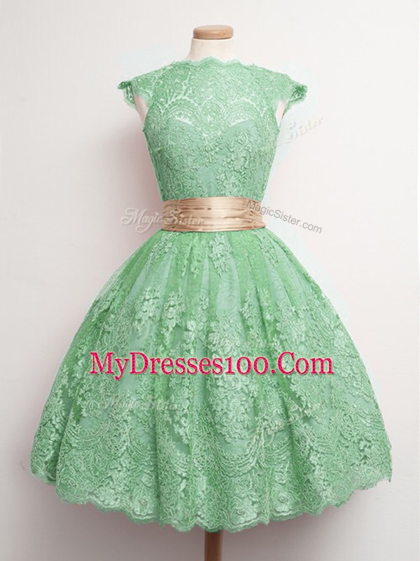 Top Selling Cap Sleeves Lace Knee Length Lace Up Wedding Party Dress in Green with Belt