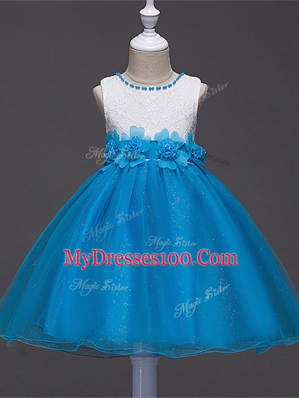 Knee Length Zipper Kids Formal Wear Baby Blue for Wedding Party with Lace and Hand Made Flower