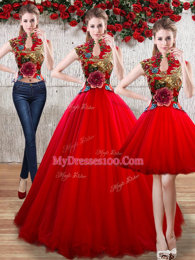 Stunning High-neck Sleeveless Organza Quinceanera Gown Appliques Lace Up