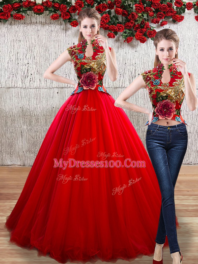 Stunning High-neck Sleeveless Organza Quinceanera Gown Appliques Lace Up