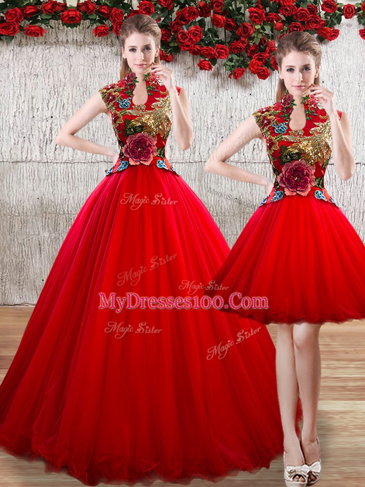 Stunning High-neck Sleeveless Organza Quinceanera Gown Appliques Lace Up