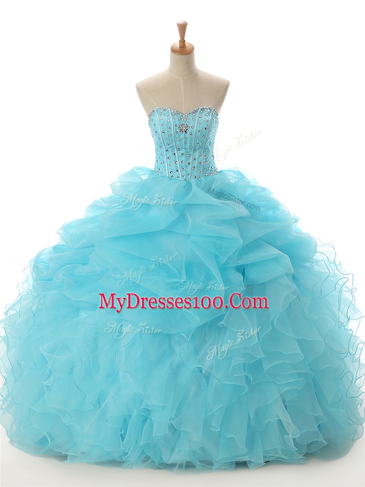 Beading and Ruffled Layers Quinceanera Gown Aqua Blue Lace Up Sleeveless Floor Length