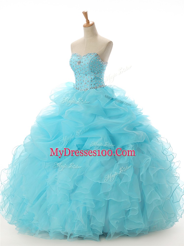 Beading and Ruffled Layers Quinceanera Gown Aqua Blue Lace Up Sleeveless Floor Length