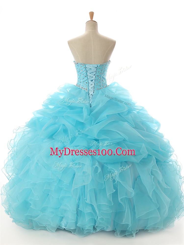 Beading and Ruffled Layers Quinceanera Gown Aqua Blue Lace Up Sleeveless Floor Length