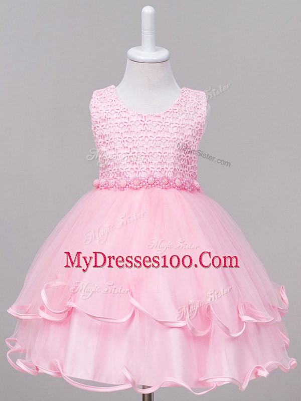 High Quality Scoop Sleeveless Zipper Kids Formal Wear Baby Pink Tulle