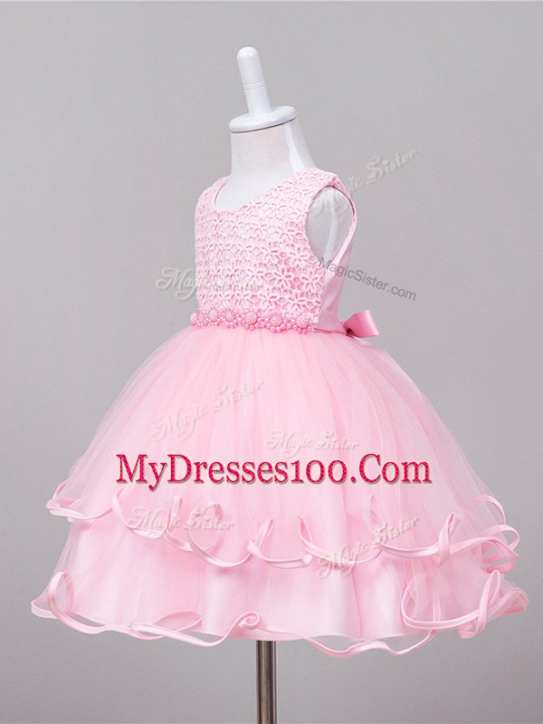 High Quality Scoop Sleeveless Zipper Kids Formal Wear Baby Pink Tulle