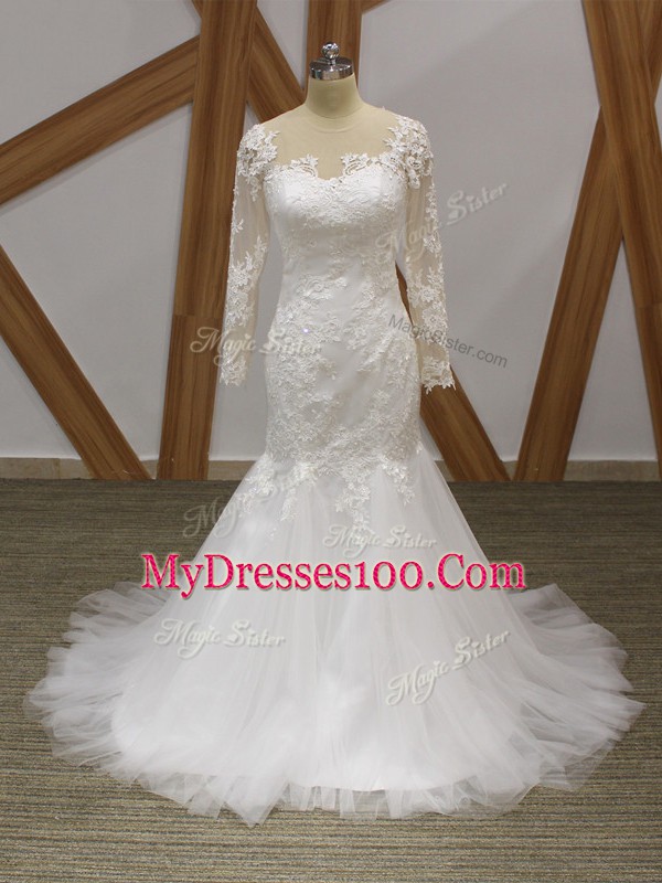 Sexy White Mermaid Scoop Sleeveless Tulle Brush Train Zipper Lace and Appliques Bridal Gown