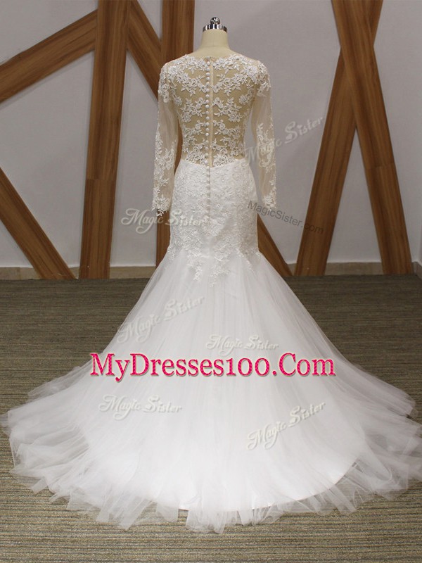 Sexy White Mermaid Scoop Sleeveless Tulle Brush Train Zipper Lace and Appliques Bridal Gown