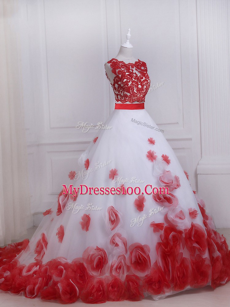 Modest White And Red A-line Tulle Scalloped Sleeveless Appliques Zipper Wedding Dresses Brush Train