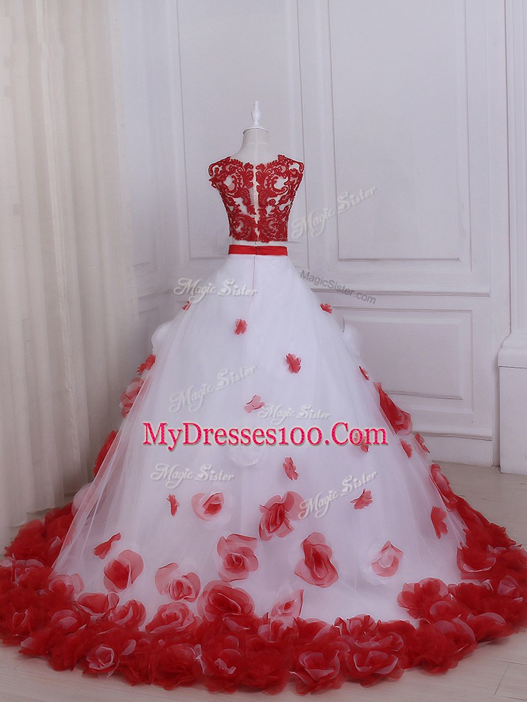Modest White And Red A-line Tulle Scalloped Sleeveless Appliques Zipper Wedding Dresses Brush Train