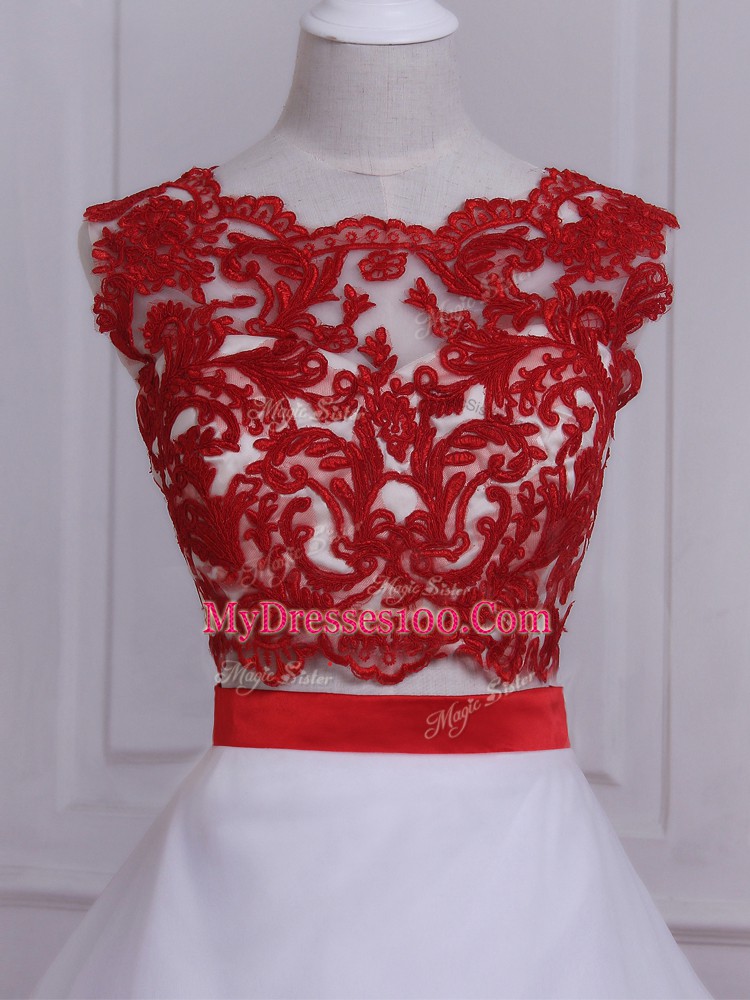 Modest White And Red A-line Tulle Scalloped Sleeveless Appliques Zipper Wedding Dresses Brush Train