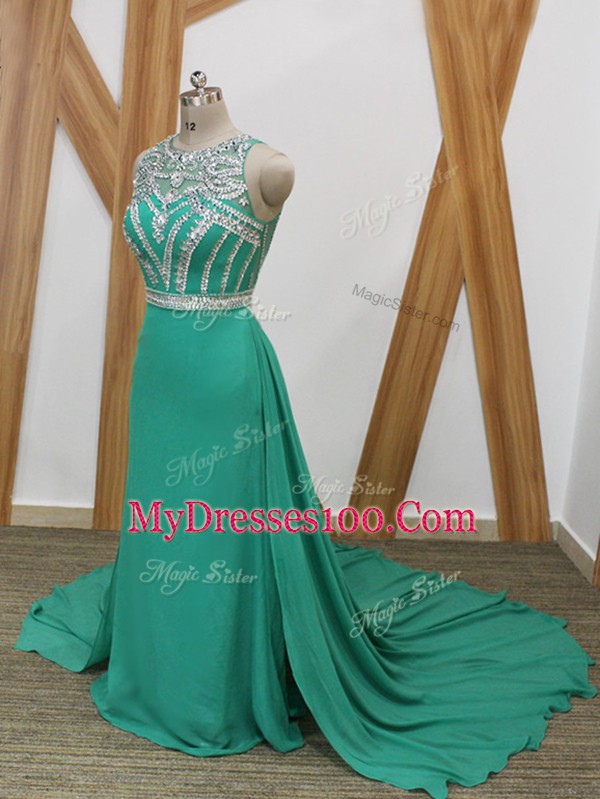 Scoop Sleeveless Watteau Train Side Zipper Prom Party Dress Turquoise Chiffon