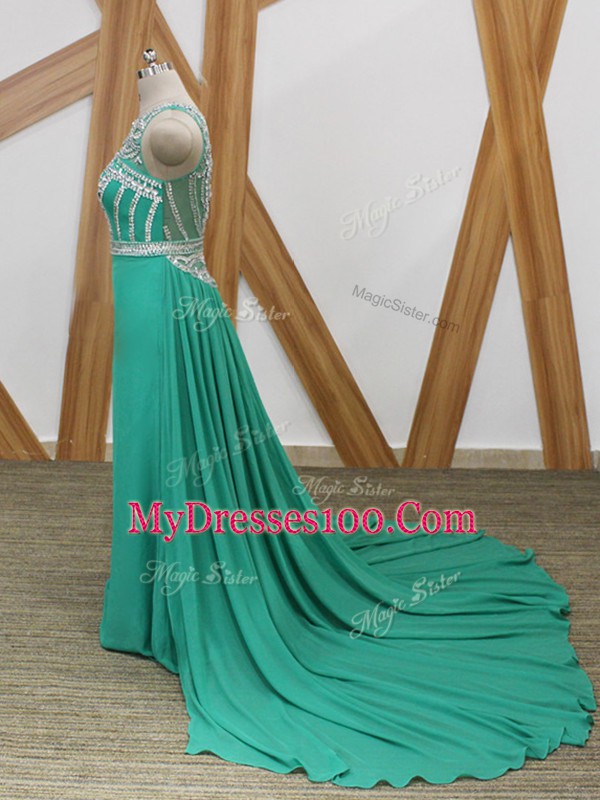 Scoop Sleeveless Watteau Train Side Zipper Prom Party Dress Turquoise Chiffon