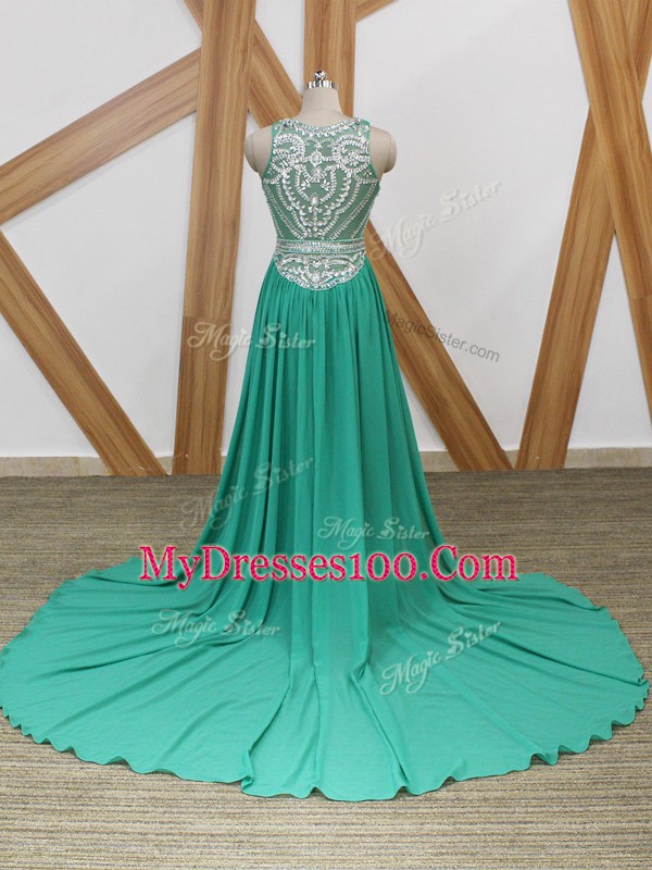 Scoop Sleeveless Watteau Train Side Zipper Prom Party Dress Turquoise Chiffon