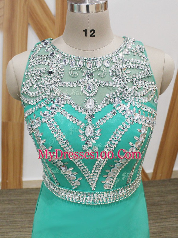 Scoop Sleeveless Watteau Train Side Zipper Prom Party Dress Turquoise Chiffon