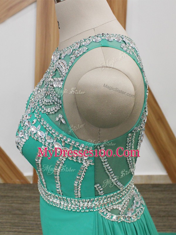 Scoop Sleeveless Watteau Train Side Zipper Prom Party Dress Turquoise Chiffon