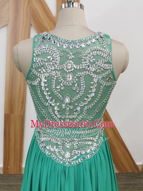 Scoop Sleeveless Watteau Train Side Zipper Prom Party Dress Turquoise Chiffon