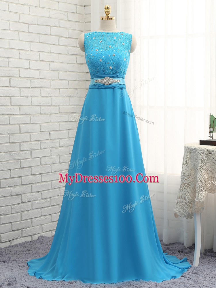 High End Sleeveless Brush Train Zipper Beading and Lace Wedding Guest Dresses