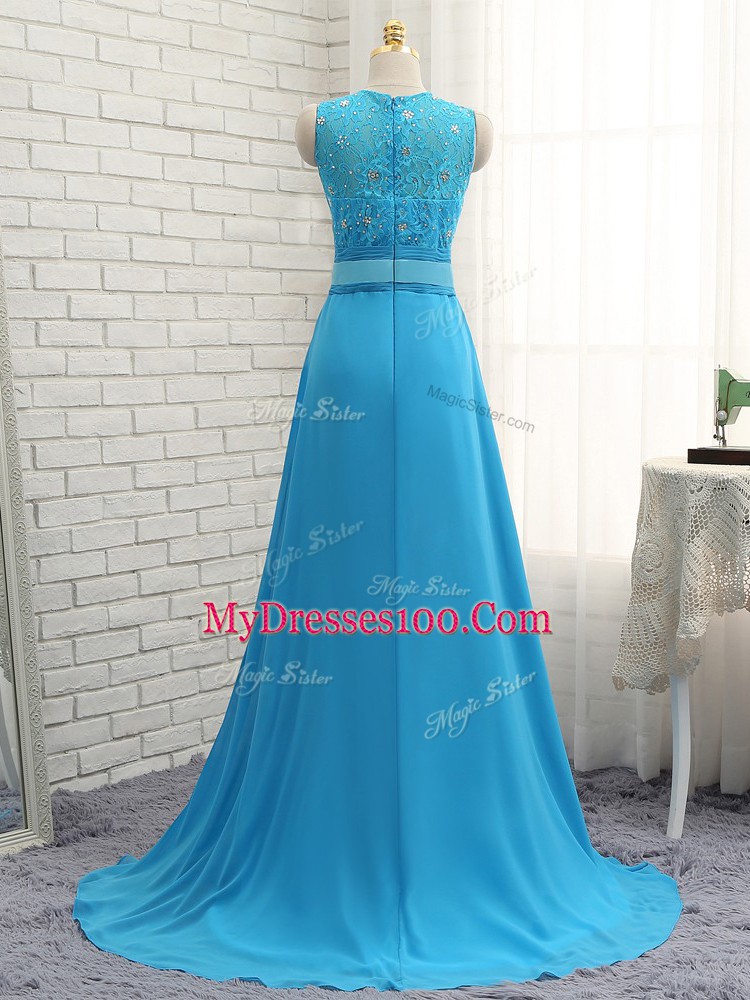 High End Sleeveless Brush Train Zipper Beading and Lace Wedding Guest Dresses