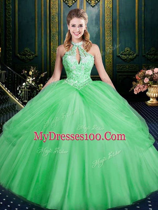 Delicate Sleeveless Beading and Pick Ups Lace Up Quinceanera Gown