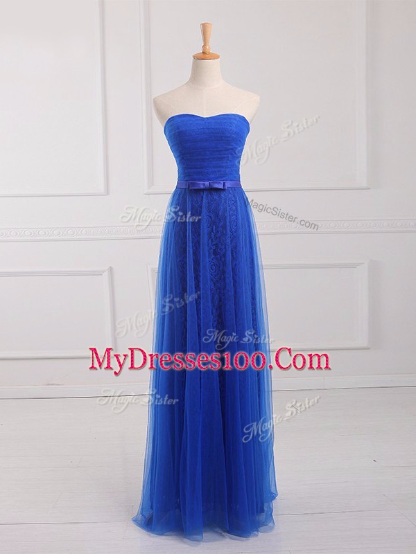 Smart Sleeveless Tulle and Lace Floor Length Lace Up Vestidos de Damas in Royal Blue with Belt