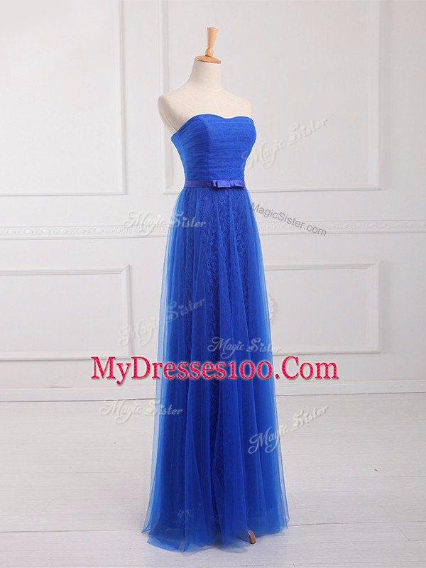Smart Sleeveless Tulle and Lace Floor Length Lace Up Vestidos de Damas in Royal Blue with Belt
